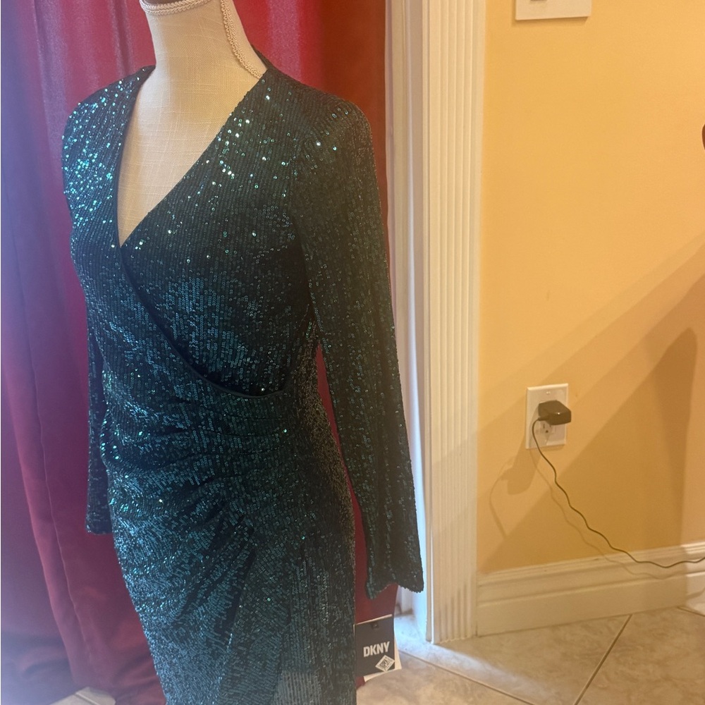 DKNY Emerald Sequin Long Sleeve Dress